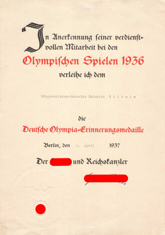 Verleihungsurkunde zur Deutschen Olympia-...