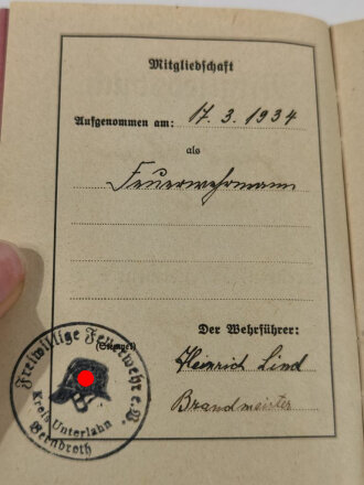 Mitgliedsbuch Freiwillige Feuerwehr datiert 1934