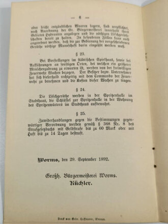 "Ortsfeuerlöschordnung der Stadt Worms" mit 6 Seiten