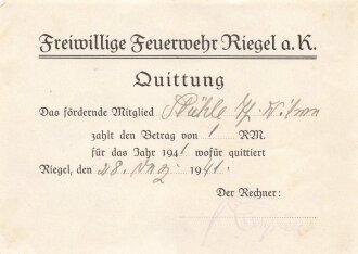 "Freiwillige Feuerwehr Riegel" Quittung über Beitrag als förderndes Mitglied von 1941