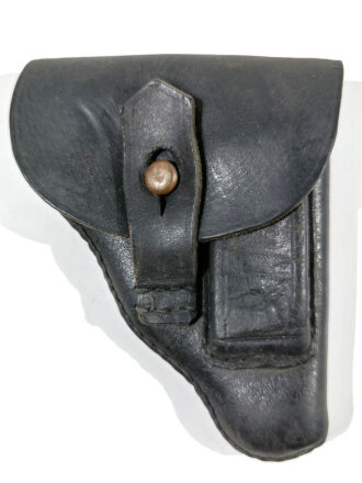 Pistolentasche, geschwärztes Leder, getragenes Stück. Gesamthöhe 13cm