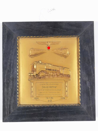 Deutsche Reichsbahn, Bahnbetriebswerk Freudenstadt. Geschenkplakette anlässlich zum 40 jährigen Eisenbahndienstjubiläum 1939. Original gerahmt, Maße insgesamt 27 x 29cm
