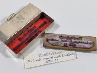 Württemberg, Stempel in metallenem Behältniss " Kantinekasse des Landsturm Inf. Batl. Leonberg "