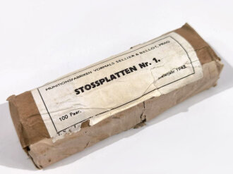 100 Paar Stossplatten für Stiefel und Halbschuhe, Lieferjahr 1943. Originalverpackt, ca 4 cm breit. Hersteller Munitionsfabriken Prag