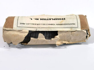 100 Paar Stossplatten für Stiefel und Halbschuhe, Lieferjahr 1943. Originalverpackt, ca 4 cm breit. Hersteller Munitionsfabriken Prag