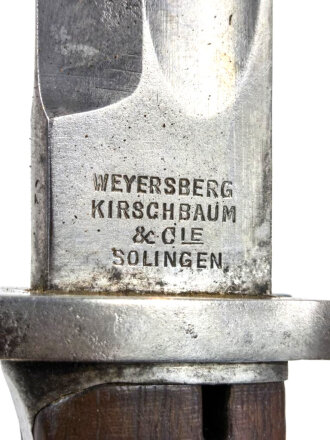 Preussen, Seitengewehr 98/05 alter Art, ohne Feuerschutzblech, Lederscheide angetrocknet, Herstellermarke Weyersberg Kirschbaum Solingen, Kammerstück von 1915,