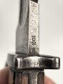 Preussen, Seitengewehr Modell 98/02, Kammerstück mit  Sägerücken, Lederscheide mit Truppenstempel R.P.I.2.185 , Herstellermarke Erfurt