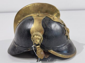 Feuerwehrhaube Kaiserreich aus Leder mit Ziegelbrecher, Innenfutter intakt, guter Gesamtzustand