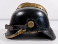 Feuerwehrhaube Kaiserreich aus Leder mit Ziegelbrecher, Innenfutter fehlt, kleinere diverse Schäden