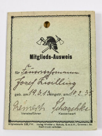 Freiwillige Feuerwehr Klarenkranst, Mitgliedsausweis von 1935