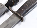 Grabendolch / Kampfmesser 1.Weltkrieg, dunkler Holzgriff mit 2 Nieten,Stahlscheide blank mit kompletter Gürtelschlaufe aus Leder, Klinge beschliffen