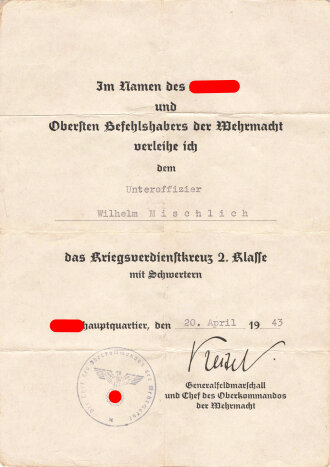 Verleihungsurkunde zum Kriegsverdienstkreuz 2. Klasse mit...