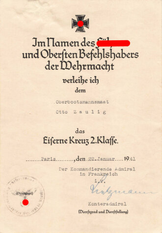 Verleihungsrkunde zum Eisernen Kreuz 2. Klasse 1939 ,...