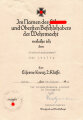 Verleihungsrkunde zum Eisernen Kreuz 2. Klasse 1939 , Ausgestellt auf einen Oberbootsmannmaat 1941, eigenhändige Unterschrift " Der kommandierende Admiral in Frankreich"
