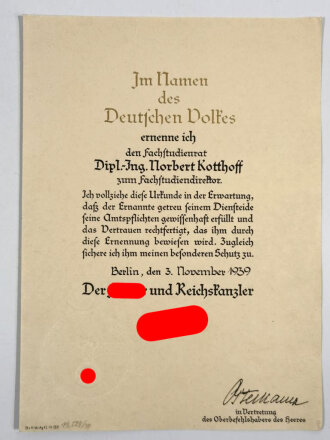 Großformatige Beförderungsurkunde eines Fachstudienrat zum Fachstudiendirektor, ausgestellt 3. November 1939 mit gedruckter Unterschrift von Adolf Hitler und Unterschrift der Vertretung des Oberbefehlshaber des Heeres