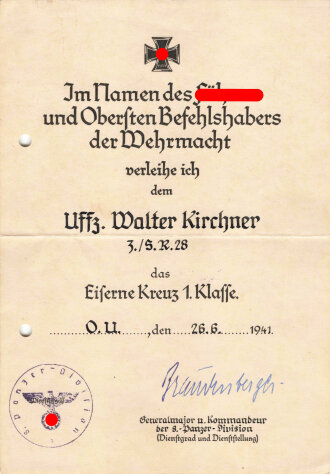 Verleihungsrkunde zum Eisernen Kreuz 1. Klasse 1939 ,...