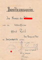 Besitzzeugnis über die Verleihung des "Demjanskschild " , ausgestellt auf einenUnteroffizier der San.Komp. (mot) 2/30.