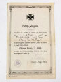 1. Weltkrieg, Urkundenpaar eines Trägers des Eisernen Kreuz 1. uznd 2. Klasse. Jeweils etwa DIN A4 Schmuckblatt
