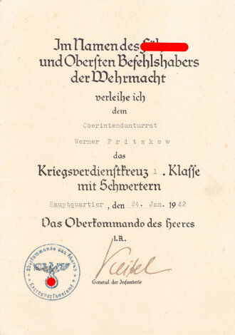 Großformatige Beförderungsurkunde eines Oberfeldintendant zum Oberstintendant und Urkunde zum Kriegsverdienstkreuz 1. Klasse mit Schwertern, diese mit eigenhändiger Unterschrift General der Infanterie Keitel