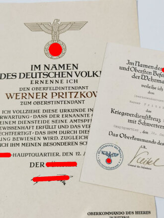 Großformatige Beförderungsurkunde eines Oberfeldintendant zum Oberstintendant und Urkunde zum Kriegsverdienstkreuz 1. Klasse mit Schwertern, diese mit eigenhändiger Unterschrift General der Infanterie Keitel