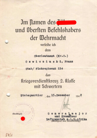 Großer Dokumenten und Urkundennachlass eines Wachtmeister in einer Flakabteilung, Träger des Spanienkreuz in Silber mit Schwerter