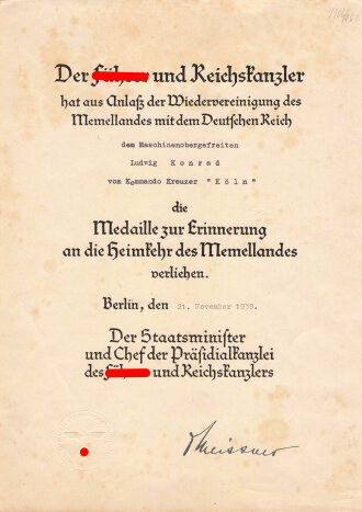 Urkundengruppe eines Obermaschinenmaat, auf unter anderem auf dem Kreuzer " Admiral Hipper " gedient hat