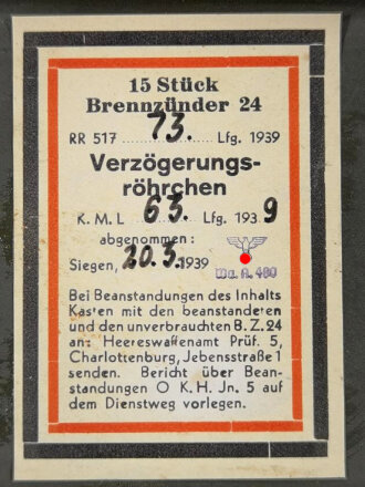 Transportkasten aus Blech für " 15 Brennzünder 25 " der Wehrmacht, datiert 1939