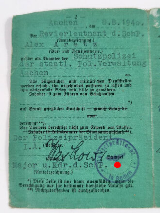 Polizei III.Reich, Dienstausweis für einen Revierleutnant der Schutzpolizei Aachen