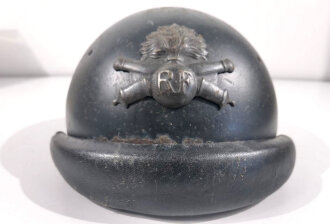 Frankreich, Stahlhelm für Panzertruppen Modell 1935. Blauer Originallack, getragenes Stück in gutem Zustand