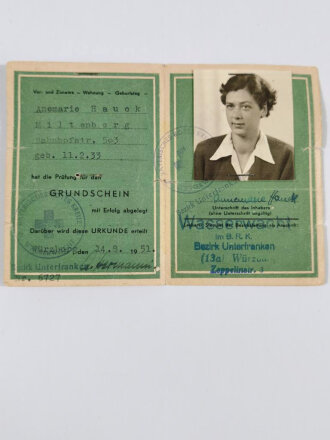 Rotes Kreuz, Deutsche Lebens- Rettungs- Gesellschaft, Grundscheinabzeichen mit Ausweisdokument von 1951