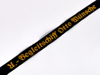 Kriegsmarine Mützenband " U Begleitschiff Otto Wünsche" Neuzeitliche REPRODUKTION mit Etikettenrest, Gesamtlänge 150cm