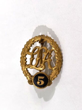 Miniatur, Bayerisches Sport- Leistungs- Abzeichen in Gold mit Wiederholungszahl " 5 " an Anstecknadel, Größe 18 mm