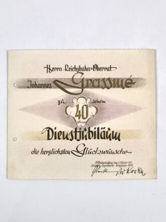 Reichsbahn, Glückwunschurkunde  für einen Reichsbahn- Oberrat für 40 jähriges Dienstjubiläum, ausgestellt 1951