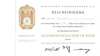 Fünf Bescheinigungen Deutscher Schützenbund über die Verleihung diverser Auszeichnungen,
