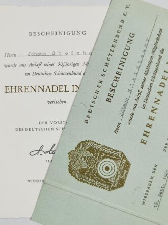 Bescheinigungen Deutscher Schützenbund für die Ehrennadel in Gold für 40 Jahre und für 50 Jahre