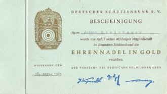 Bescheinigungen Deutscher Schützenbund für die Ehrennadel in Gold für 40 Jahre und für 50 Jahre