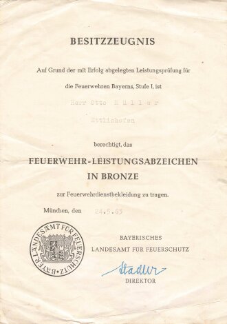 Bayern, Besitzzeugnis für das Feuerwehr- Leistungsabzeichen in Bronze, datiert 24.5.1963