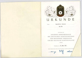 Urkunde DIN A4 für die Goldene Ehrenmedaille des Deutschen Schützenbundes für besondere Verdienste um die Deutsche Schützensache, ausgestellt 31. März 1968