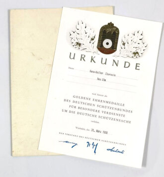 Urkunde DIN A4 für die Goldene Ehrenmedaille des Deutschen Schützenbundes für besondere Verdienste um die Deutsche Schützensache, ausgestellt 31. März 1968