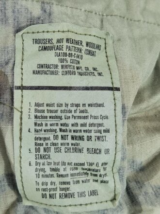 U.S. 1988 dated woodland camo Combat trousers, size small xlong. Used, Bundweite: 76 cm
