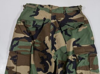 U.S. 1988 dated woodland camo Combat trousers, size small xlong. Unused