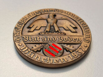 Reichsnährstand München 1937, Blut und Boden, bronzene Siegermedaille " Tabak "im Etui, Durchmesser 37 mm, sehr guter Zustand