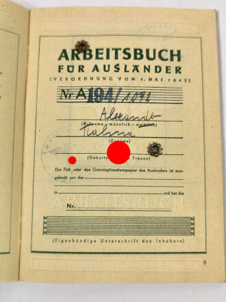 Arbeitsbuch für Ausländer eines Herrn ungeklärter Herkunft ( Ostarbeiter ) , Hilfsarbeiter der Firma Hörster Solingen