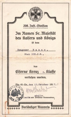 1. Weltkrieg, Urkunde zum Eisernen Kreuz 2. Klasse 1914...