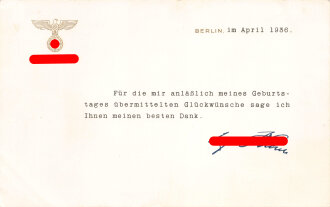 Dankesscheiben von Adolf Hitler für die Glückwünsche zu seinem Geburtstag 1936, mit gedruckter Unterschrift von Adolf Hitler