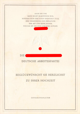 Glückwunschkarte vom Ortsgruppenleiter der NSDAP zur Hochzeit, in DIN A5 Größe
