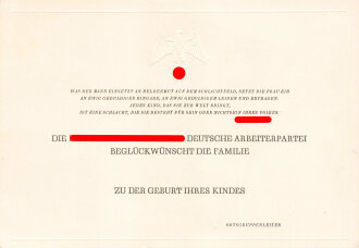 Glückwunschschreiben vom Ortgruppenleiter der NSDAP für die Geburt eines Kindes, in DIN A5 Größe