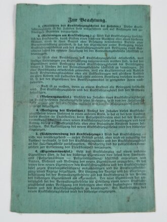 Kraftfahrzeugschein für ein NSU 196ccm Kraftrad, ausgestellt für einen Fliegerhorst 1938