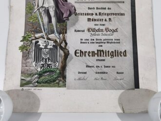 Veteranen- und Kriegerverein Münster a.N., Ernennungsurkunde zum Ehren Mitglied datiert 1922. Verschmutz, defekt, Maße 36 x 50cm
