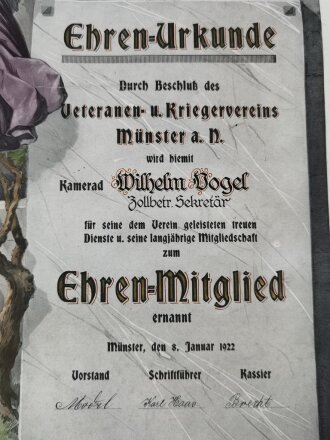 Veteranen- und Kriegerverein Münster a.N., Ernennungsurkunde zum Ehren Mitglied datiert 1922. Verschmutz, defekt, Maße 36 x 50cm